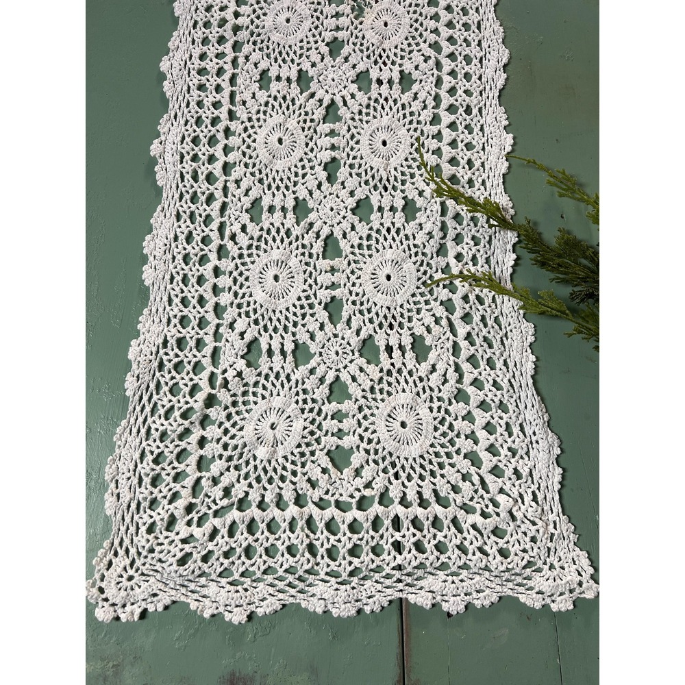 Vintage White Crocheted Runner 12" x 54" Dresser Scarf Doily